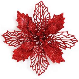 24 Stück Weihnachtsblumen für Weihnachtsbaumdeko, Weihnachten Funkeln Weihnachtsstern Blumen mit Clips für Hochzeit Weihnachtsbaum Neujahr Ornamente (Rot,9 cm)