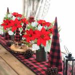 Künstlicher Weihnachtsstern-Blumenstrauß, roter Seiden-Weihnachtsstern, Winter-Blumenarrangement mit künstlichen Tannennadeln für Weihnachten, Küche, Tisch, Heimdekoration