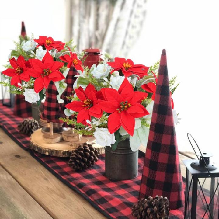 Künstlicher Weihnachtsstern-Blumenstrauß, roter Seiden-Weihnachtsstern, Winter-Blumenarrangement mit künstlichen Tannennadeln für Weihnachten, Küche, Tisch, Heimdekoration