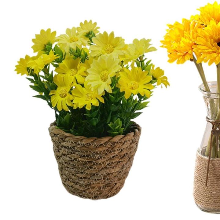 Künstliche Topfblumen,Künstlicher Gänseblümchentopf - Blumenarrangement mit Gänseblümchen im Rattantopf,Seidiger künstlicher Gänseblümchen-Rattan-Topf-Bonsai für die Tisc