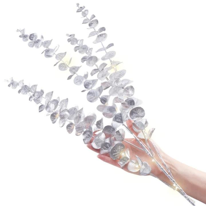 Struik met ledverlichting om neer te zetten - stabiele kunststof struik - 16 warmwitte leds met timerfunctie - op batterijen werkende kerstdecoratie (ronde bladeren zilverkleurig)