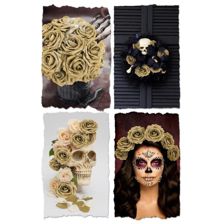 Kunstbloemen, rozen, decoratie, 25 stuks, gloeiende gouden bloemen, glitter, rozen, echte look, nepschuim, rozen met steel, voor doe-het-zelf bruiloft, boeketten, bruidsdouche, fee