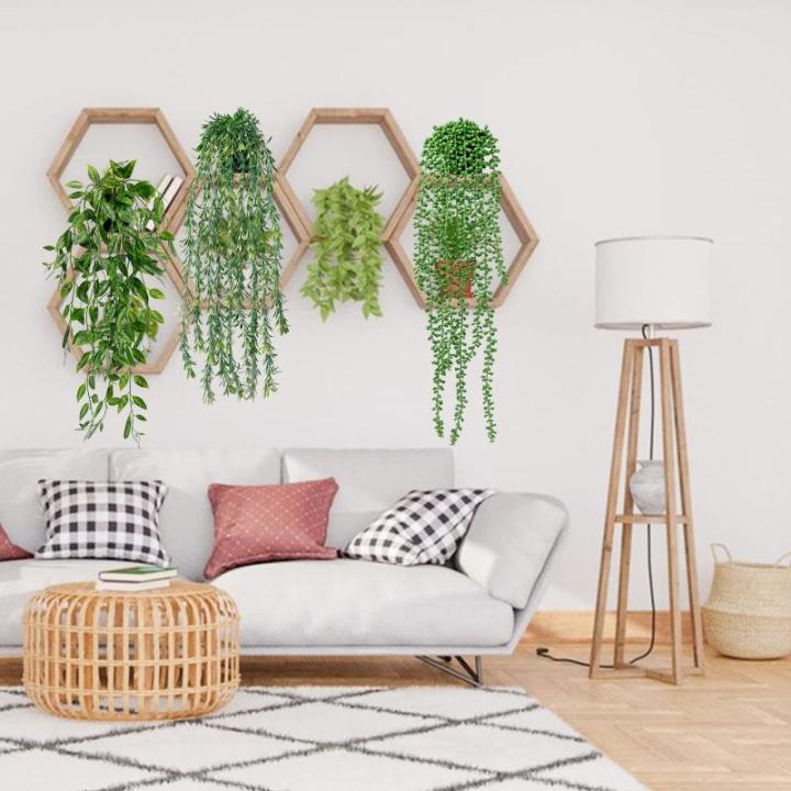 3 stuks kunstmatige hangplanten, eucalyptus, bladeren met potten, 63 cm lang, onderhoudsvrije kunstvetplanten, voor tuin, binnen en buiten (vetplanten)