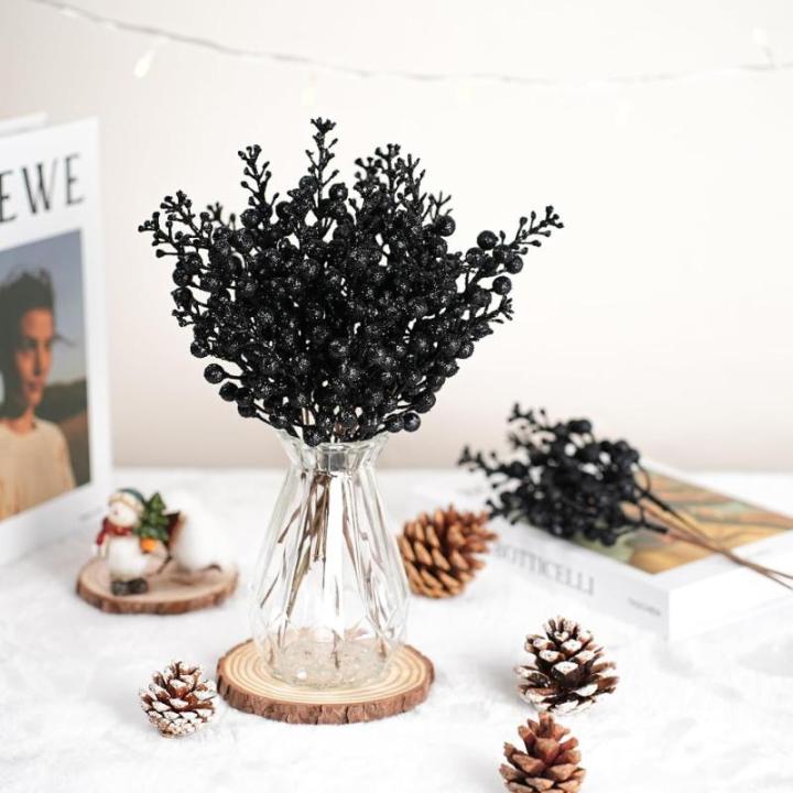 24 stuks kunstbessen, kerstdecoraties, 24 stuks, 24 cm, kunstglitter, bessen, stengels, takken, ornamenten, kunstmatige hulstbessen voor het maken van krans, kerstboomdecoratie, zw