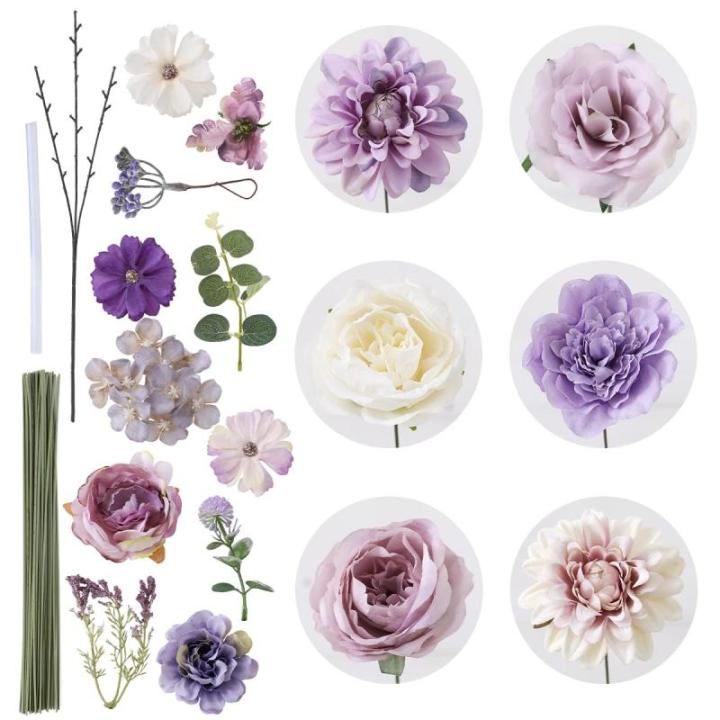 Künstliche Blumen Combo Lila Blumen Mix Seide Blumen Dahlie Rosen mit Stielen für DIY Hochzeit Brautsträuße, Babyparty, Blumenarrangement, Tischaufsätze, Heimdekorationen.
