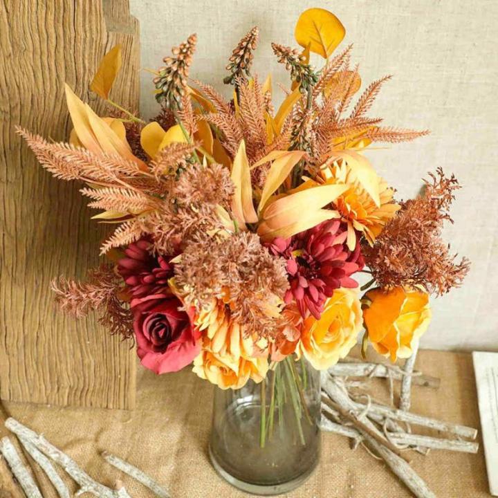 Kunstblumen Künstliche Pflanzen Blumen Deko Seidenblumen Blumenarrangements Kernstück Hochzeit Blumenstrauß(Herbstrot)