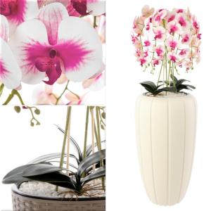 Kunstorchidee, cascade, bloemenboeket, crèmerosa in pot, crème, 125 cm hoog, rubberen bloemen, 5 scheuten, decoratie voor thuiskantoor
