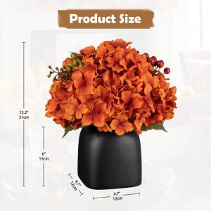 Kunstbloemen als echte kunstmatige hortensia, oranje, decoratieve bloemen met bessen, in zwarte keramische vaas, bloemstuk voor kantoor, woonkamer, badkamer, herfst, decoratie
