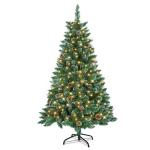 Kunstkerstboom met verlichting, 150 cm, pvc, kunstkerstboom met 180 leds en standaard, kunstkerstdecoratie, met sneeuw en dennenappels