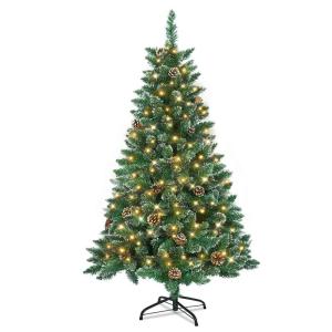 Kunstkerstboom met verlichting, 150 cm, pvc, kunstkerstboom met 180 leds en standaard, kunstkerstdecoratie, met sneeuw en dennenappels