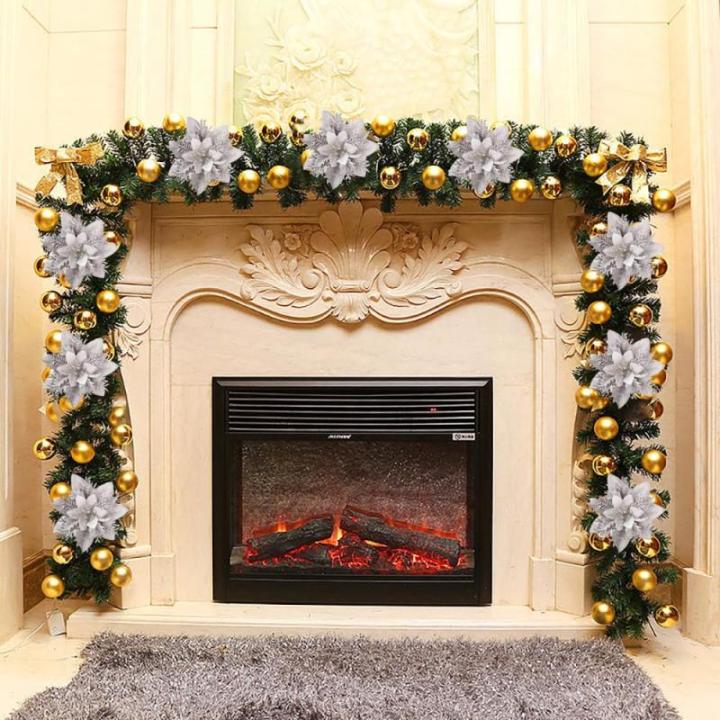 15 stuks 14 cm kerst kunstmatige kerstster bloemen glitter met clips stengels kerstboom ornamenten voor krans feest bruiloft Nieuwjaar decoratie (zilver)