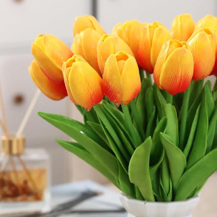 15 stuks kunsttulpen, kunsttulpen van latex, realistisch boeket van tulpen voor doe-het-zelf boeketten, bruiloft, babyfeestjes (zonsondergang)