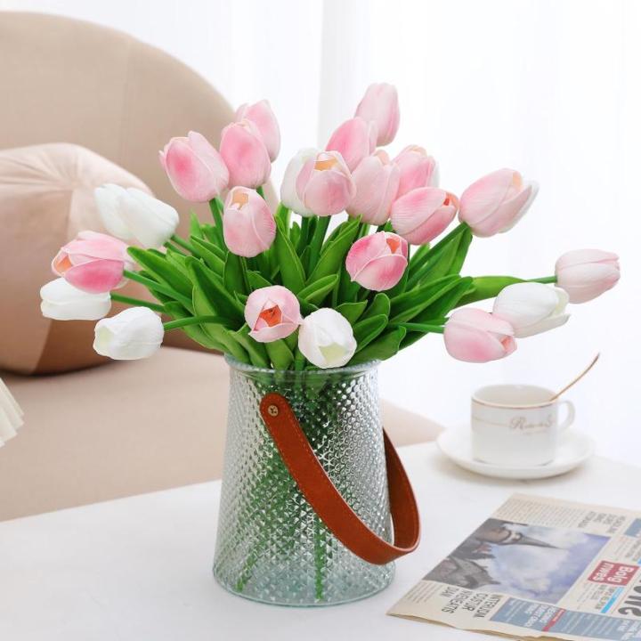 12 stuks latex kunstmatige tulpen - nep tulpen faux roze tulpen echte touch bloem voor thuiskantoor bruiloft decoratie (roze)