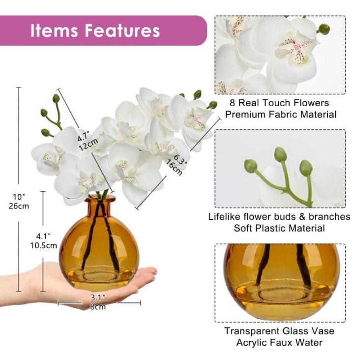 2 stuks kunstmatige orchideeën wit met amber glazen vaas, kunstplant decoratie orchideeën kunstbloemen in vaas met Real Touch bloemen, kunstorchideeën, kunstmatige bonsai voor h