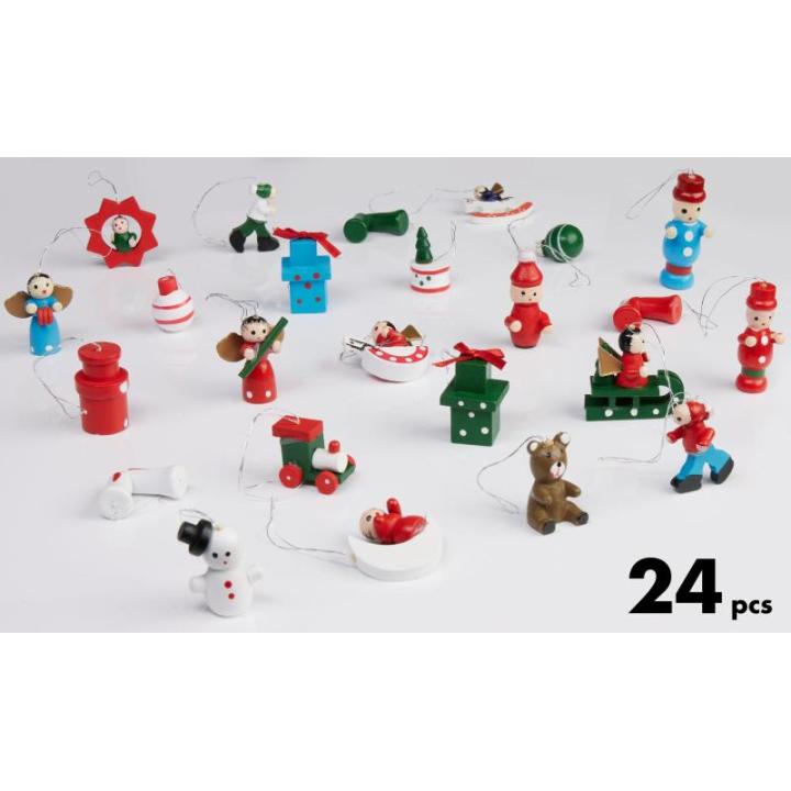 24 Stuks Houten Kerstboomdecoraties - tot 4 cm Hoge Figuren - Kerstmis Houten et Handbeschilderd - Traditionele Boom Kerstboomdecoraties - Geschenken - Locomotief - Sneeuwpop