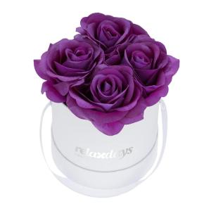 Rozenbox rond, 4 rozen, stevige bloemenbox, wit, 10 jaar houdbaar, cadeau-idee, decoratieve bloemenbox, paars