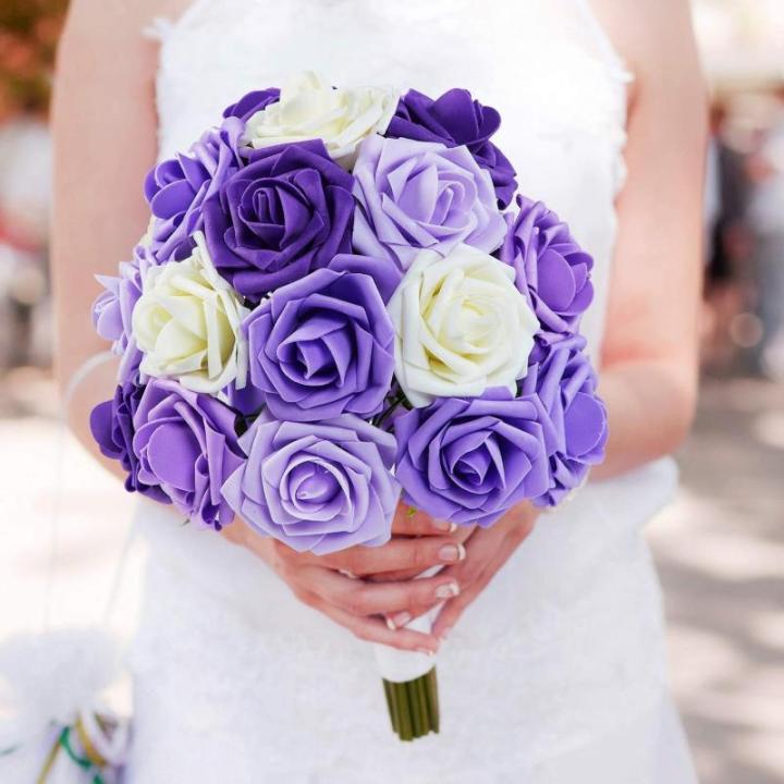 Kunstbloemen, rozen, 25 stuks, kunstrozen met steel, doe-het-zelf decoratie, voor bruiloft, boeketten, bruid, woondecoratie, serie violet