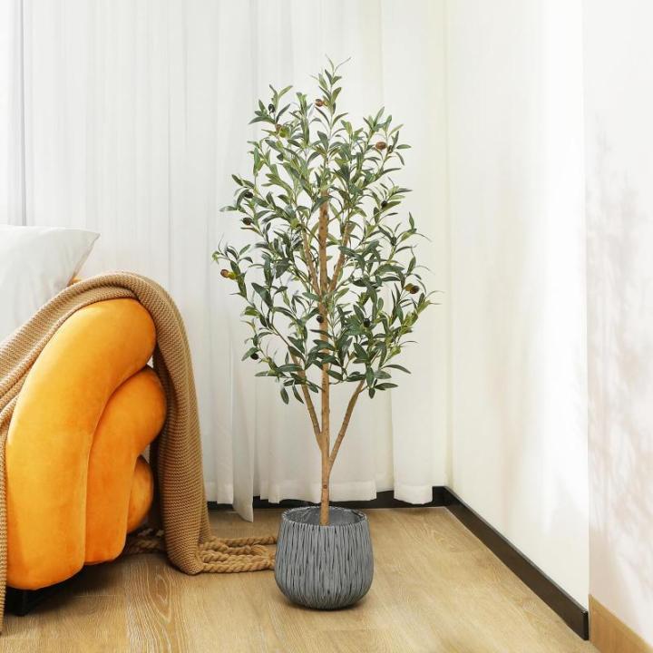 Kunstmatige olijfboom, 120 cm, grote kunstplant met natuurlijke houten stam en vruchten, kunstmatige olijfboom in pot, voor huis, slaapkamer, kantoor, tuin, decoratie (2 stuks)