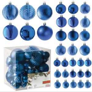 blauwe kerstbalornamenten voor kerstversiering - 36 stuks kerstboom onbreekbare ornamenten met ophanglus voor vakantie- en feestdecoratie (combo van 6 stijlen in 3 maten)