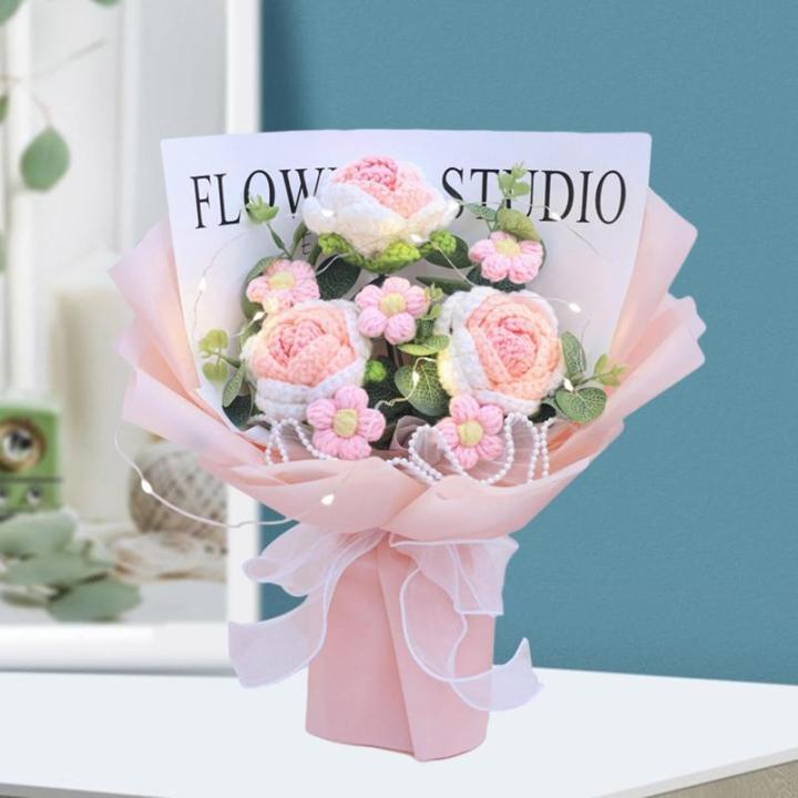 Gehäkelter Blumenstrauß mit Licht, Fertig Gestrickter Strauß, Kunstblume, Handgemachter Strickstrauß Zum Valentinstag, Rosa
