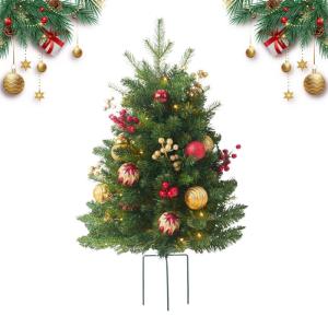 Artificial Christmas Tree with Ground Plug | Pre-Lit Faux Holiday Tree with Cones, Berries & Balls | Seasonal Christmas Tree for Family Gatherings & Holiday Decorations for Outdoor