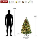 Kunstkerstboom, kunstkerstboom met verlichting, 120 cm, kunstkerstboom met 180 leds en standaard, kunstkerstdecoratie, met dennenappels en bessen