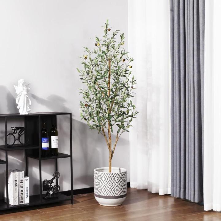 Kunstmatige olijfboom, 150 cm, grote kunstplant met natuurlijke houten stam en vruchten, kunstmatige olijfboom in pot, voor huis, slaapkamer, kantoor, tuin, decoratie (2 stuks)
