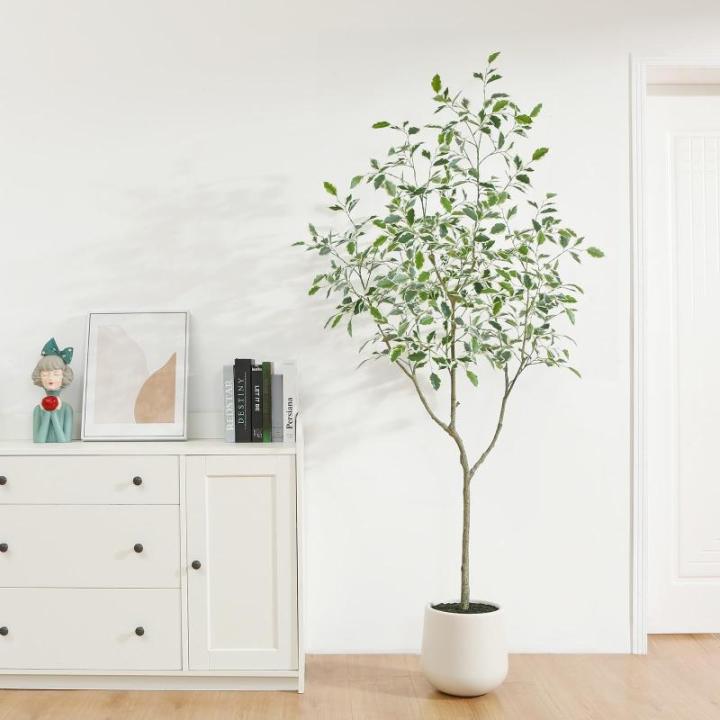 Ficus Benjamina Kunstplant 180 cm, witte pot, nep tropische plastic , groot voor woondecoratie, slaapkamer, tuin (1 stuks)