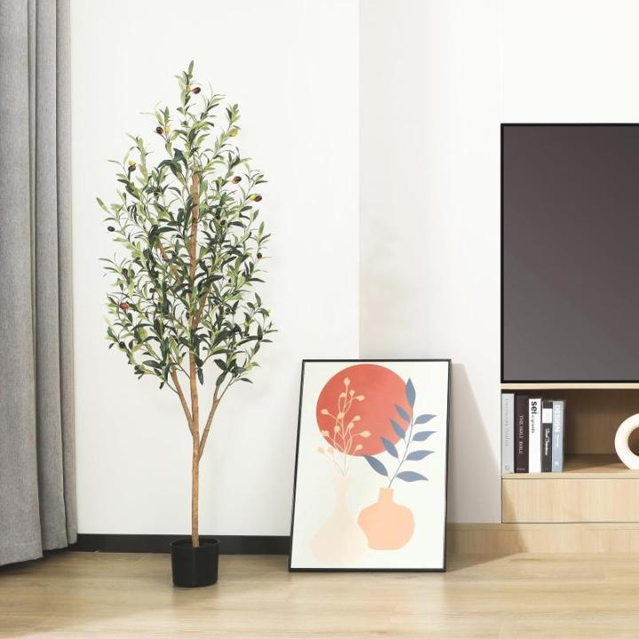 Kunstmatige olijfboom, 150 cm, grote kunstplant met natuurlijke houten stam en vruchten, kunstmatige olijfboom in pot, voor huis, slaapkamer, kantoor, tuindecoratie (1 stuks)