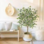 Benjamini Ficus, , grote kunstboom, kamerplant, decoratie met afneembare echte houten stam, voor kantoor, decoratie, slaapkamer, eetkamer, binnen, buiten, groen/wit, 120 cm