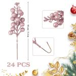 24 stuks glitter roze bessen stelen, kunstmatige rode bessen plukken, glitter, roze bessen, takken, kerstbessen, steel, picks voor kerstboom, doe-het-zelf, knutselen, bruiloft, vak
