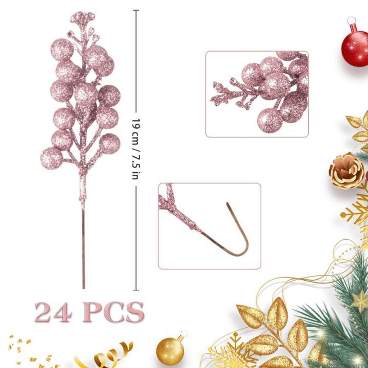 24 stuks glitter roze bessen stelen, kunstmatige rode bessen plukken, glitter, roze bessen, takken, kerstbessen, steel, picks voor kerstboom, doe-het-zelf, knutselen, bruiloft, vak