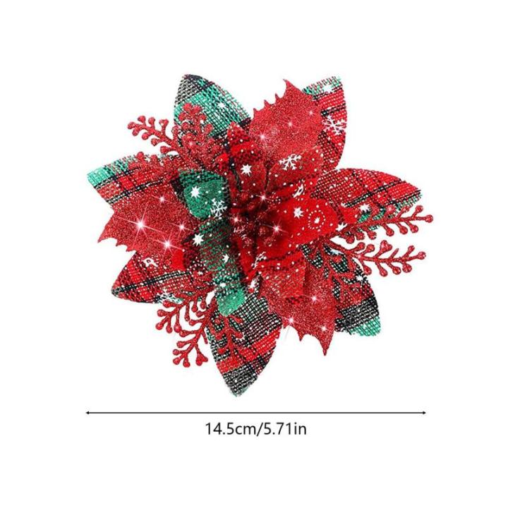 Künstliche Weihnachtsblumen, 24 Stück Weihnachtsbaumblumen mit Clips, Weihnachtsbaumschmuck, künstliche Blumenornamente für Winter, Hochzeit, Party, Kranz, Dekoration (rot + gr