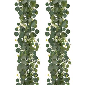 2 stuks eucalyptus slinger met witte bloemen, eucalyptus-decoratie, kunstslinger, planten, 1,8 m hangend, slinger, groen, bladerenslinger, voor bruiloft, tafeldecoratie, buiten, wo