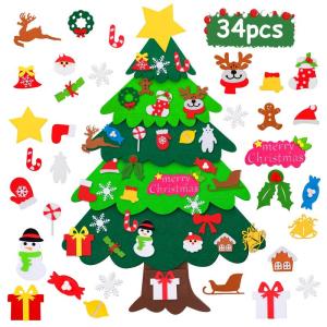 Vilten kerstboom voor kinderen, 115 cm, vilten kerstboom, doe-het-zelf knutselset, Kerstmis, kinderen, muurvilt, dennenboom voor kinderen, 36 stuks afneembare ornamenten voor thuis