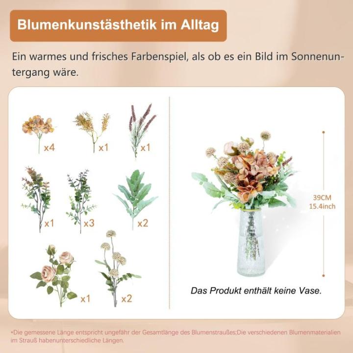, hortensia, rozen, eucalyptus, paardenbloem met stelen als echte grote bundel, kunstboeket, nepbloemen voor doe-het-zelf bruiloftsboeket, feest, thuis, tafeldecoratie