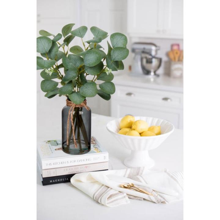 35 cm kunstmatige eucalyptus-takken met zwarte glazen vaas, eucalyptus-kunststof plant, eucalyptus, , realistische eucalyptus, decoratie, zilverdollar voor bruiloft, tafeldecoratie