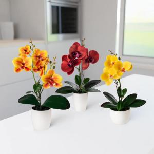 in pot (35 cm), set van 3 kunstorchideeën, kunstmatig afgestemde arrangement in hoogglans-keramische potten, decoratieve , kunstorchideeën (rood, oranje, geel)