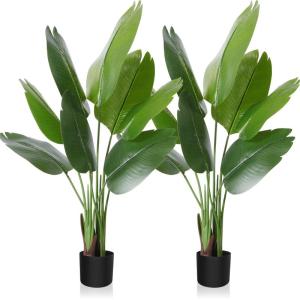 Kunstparadijsvogel, 120 cm, kunstmatige tropische palm met 8 bladeren, perfecte in pot voor binnen en buiten, huis, kantoor, tuin, moderne decoratie (2 stuks)