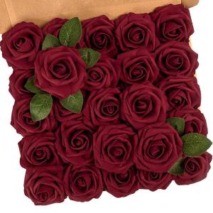 Kunstbloemen, rozen, 25 stuks, kunstrozen met steel, voor doe-het-zelf bruiloft, Valentijnsdag, Moederdag, babyshower, boeketten, bruid, woondecoratie, donkerrood