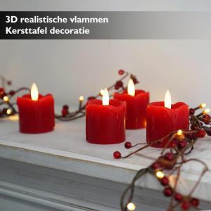 Set van 4 rode vlamloze votief kaarsen echte wax druipend ontwerp, LED Faux batterij aangedreven theelicht kaarsen met timer voor Kerstmis en Advent, batterijen inbegrepen - D 5 cm