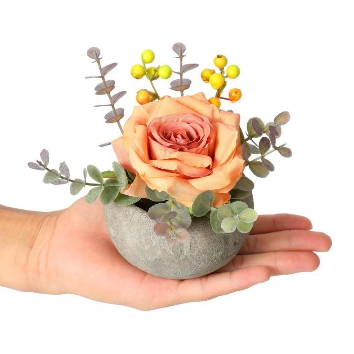 Kunstroos bloem met pot, combinatie van namaakzijden roos en groen, kleine kunstplant met eucalyptusbladeren voor slaapkamer, boekenkast decoraties (1, bruine roos)