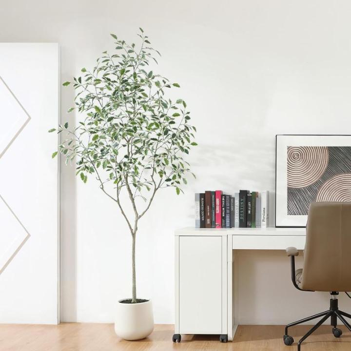 Ficus Benjamina Kunstplant 210 cm, witte pot, nep tropische plastic , groot voor woondecoratie, slaapkamer, tuin (1 stuks)