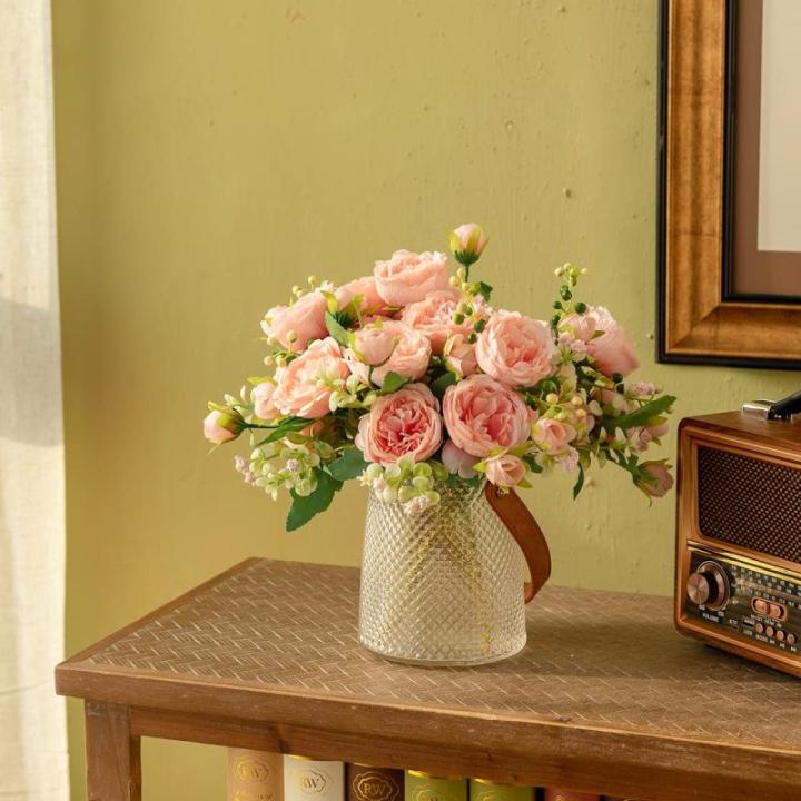 4 trossen pioenrozen voor decoratie kunstrozen nepboeket echte touch zijden bloemen voor vaas bruiloft woondecoratie (beige)