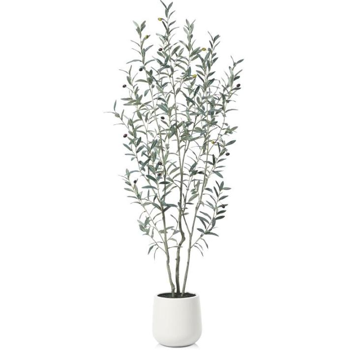 Olijfboom, kunstplant, 180 cm, kunstplant met levensechte vruchten, kunstolijfboom in witte pot, indoor decoratie (1 stuks)