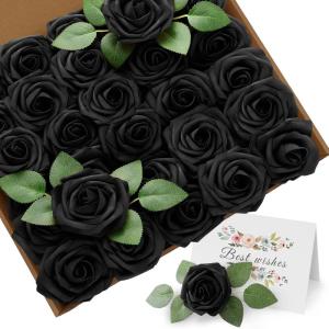 Kunstbloemen, zwarte rozen, 30 stuks, 8 cm, boeket, kunstdecoratie, bloemen, kunstrozen met stelen en kaart voor Valentijnsdag, tuin, verjaardag, feest, doe-het-zelf bruiloftsdecor
