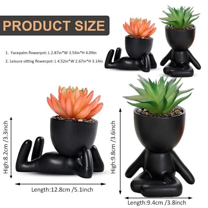 Leuke mini-bloempotten van keramiek, met kunstmatige vetplanten, 2 stuks creatieve kleine figuren voor binnen, kleine bloempotten voor tafel, terras, woondecoratie (zwart)