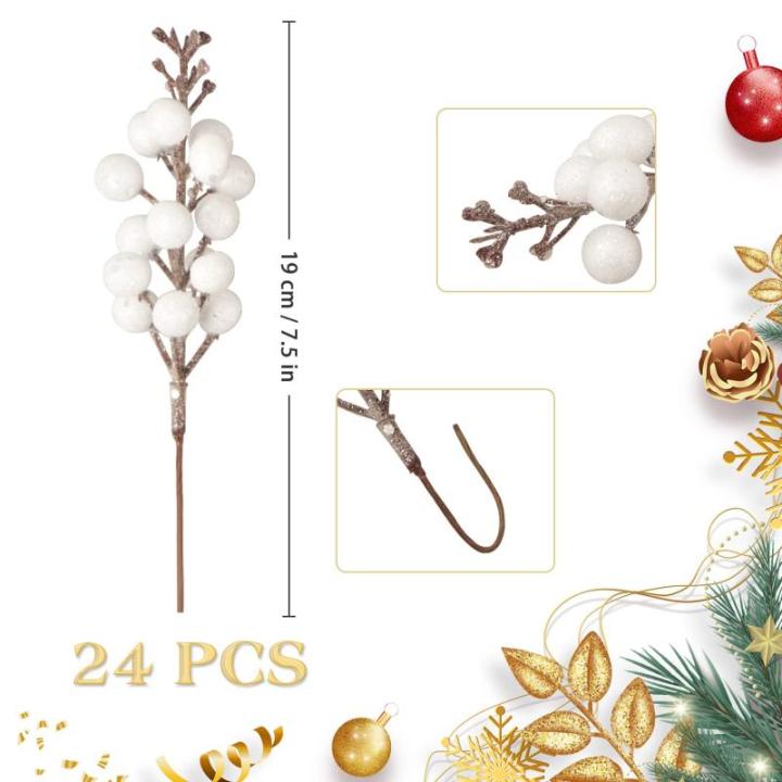 24 stuks glitter witte bessen stelen, kunstrode bessen, plukken, glitter, witte bessen, takken, kerstbessen, steel, picks voor kerstboom, doe-het-zelf, knutselen, bruiloft, vakanti