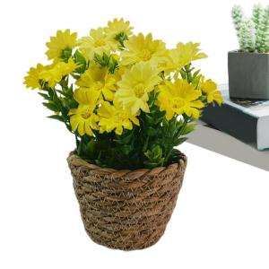 Künstliche Topfblumen,Künstlicher Gänseblümchentopf - Blumenarrangement mit Gänseblümchen im Rattantopf,Seidiger künstlicher Gänseblümchen-Rattan-Topf-Bonsai für die Tisc
