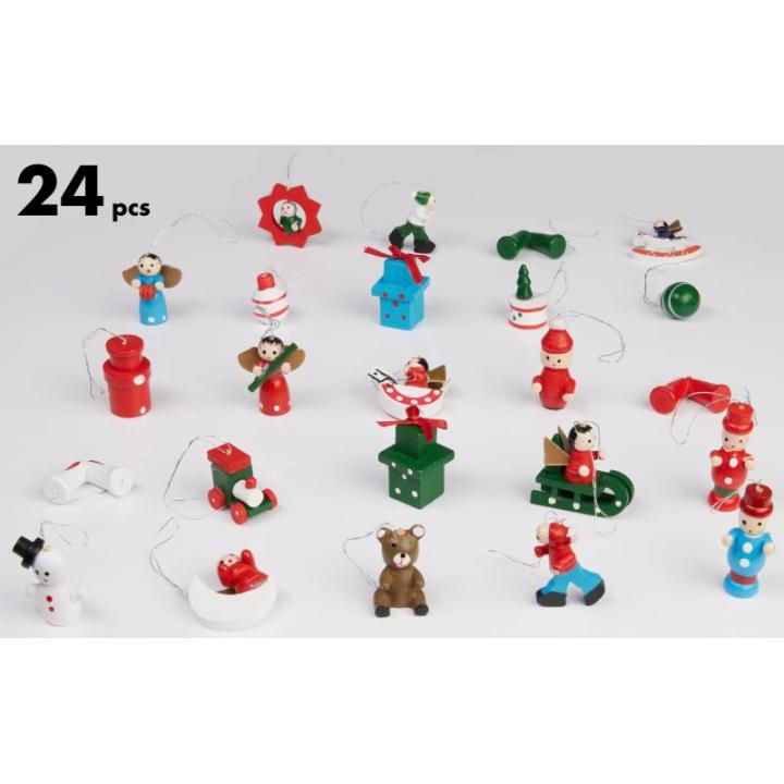 24 Stuks Houten Kerstboomdecoraties - tot 4 cm Hoge Figuren - Kerstmis Houten et Handbeschilderd - Traditionele Boom Kerstboomdecoraties - Geschenken - Locomotief - Sneeuwpop